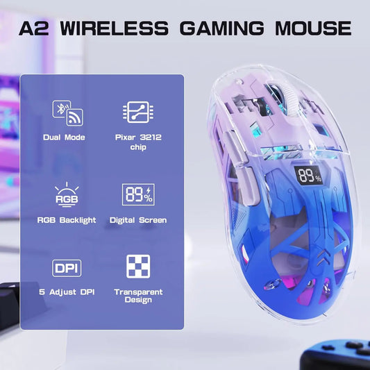 A2 skaidri belaidė žaidimų pelė, BT 5.0/2.4G įkraunama RGB pelė kompiuteriui su skaitmeniniu ekranu, PixArt 3212, 5 reguliuojami DPI