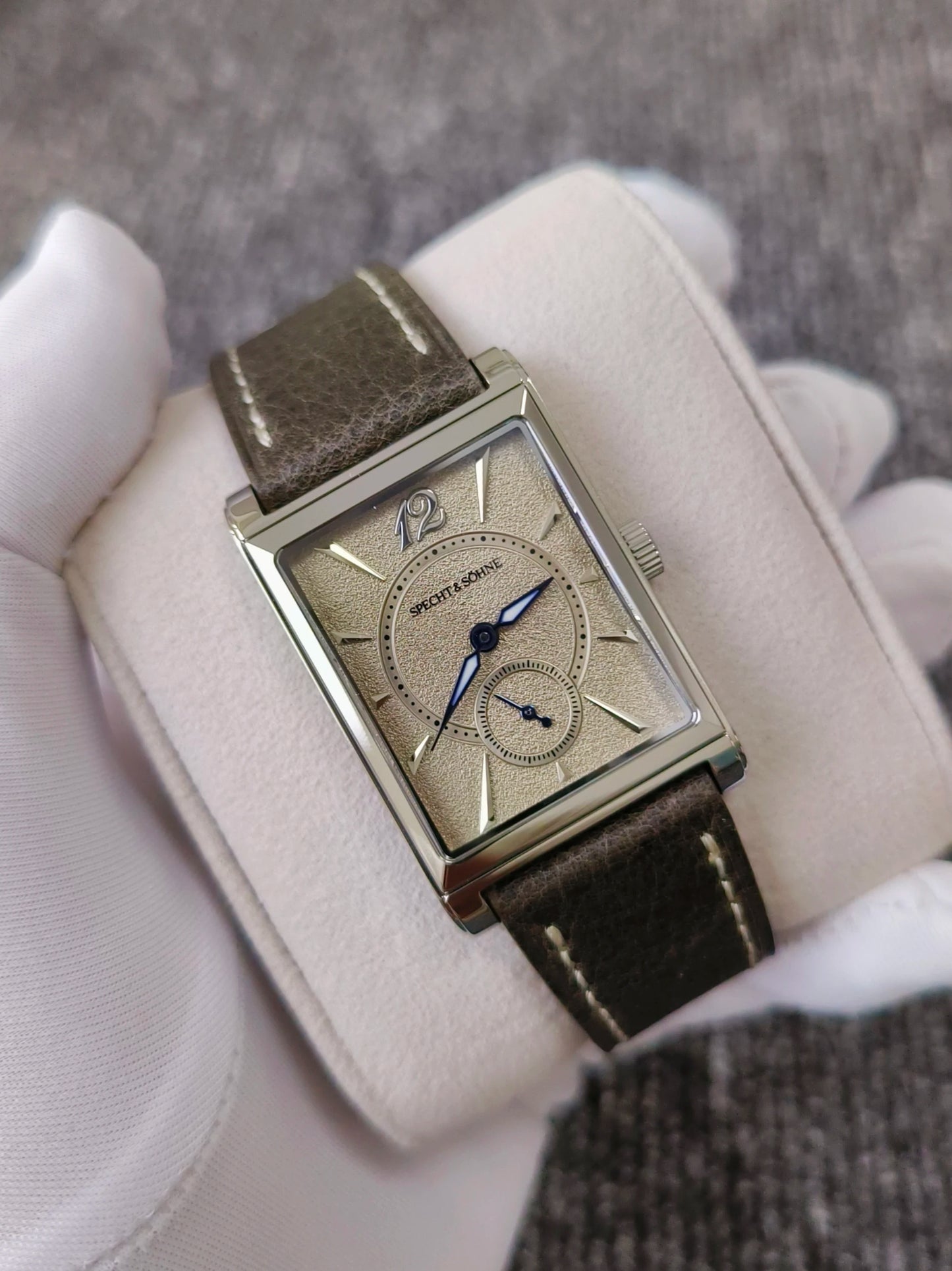 2026 Specht&Söhne Ultra Thin 7.5mm Rectangular Watch Japan Quartz Movement Small Seconds Sandblasted Dial Grey Leather Strap Watch