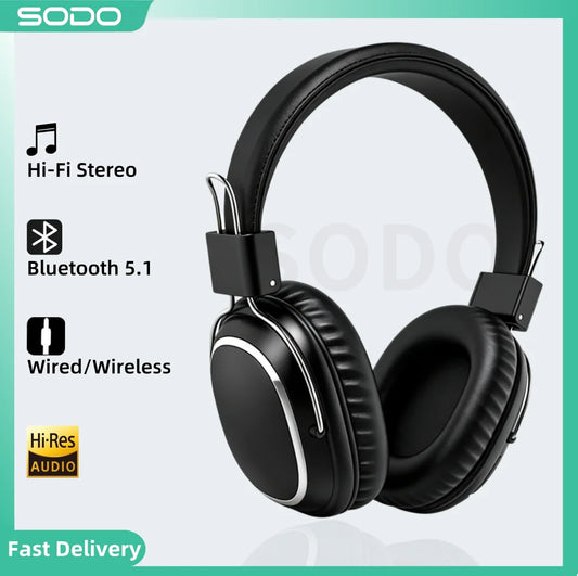 SODO SD-1004 Wireless Bluetooth 5.3 Headphones, Foldable HiFi Stereo Over-Ear Headphones with Mic, 40mm Driver, TF Card & FM Radio