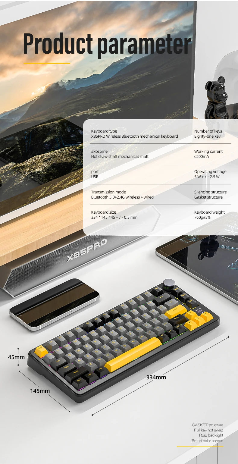 ATTACK SHARK X85/X85Pro Wireless Mechanical Keyboard 75% 82 Keys Tri-Mode Bluetooth Wired RGB Hot Swap Gasket Knob Large battery