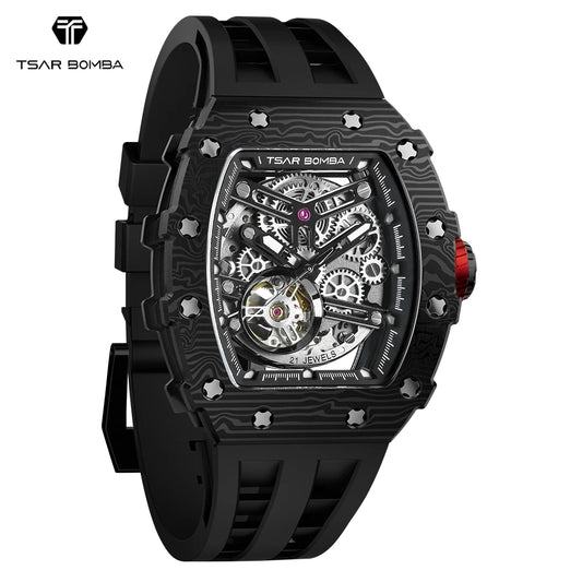 TSAR BOMBA Carbon Fiber Automatic Mechanical Watch for Men Waterproof Skeleton Mens Watches Top Brand Luxury Wristwatches