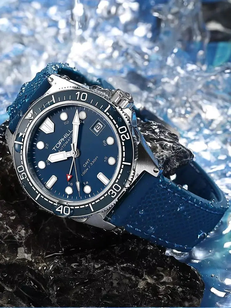 Tophill 39.5mm Automatic NH34 GMT Watch Swim 3H Date Window Mechanical C3 Green Lume 100M Waterproof Sapphire Crystal TD011G
