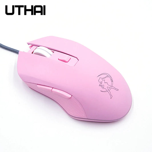 UTHAI DB49 Wired Pink Gaming Mouse, Cute RGB Wired Gaming Mouse with 3200 DPI, Silent USB Computer Mouse for PC, Laptop & Office