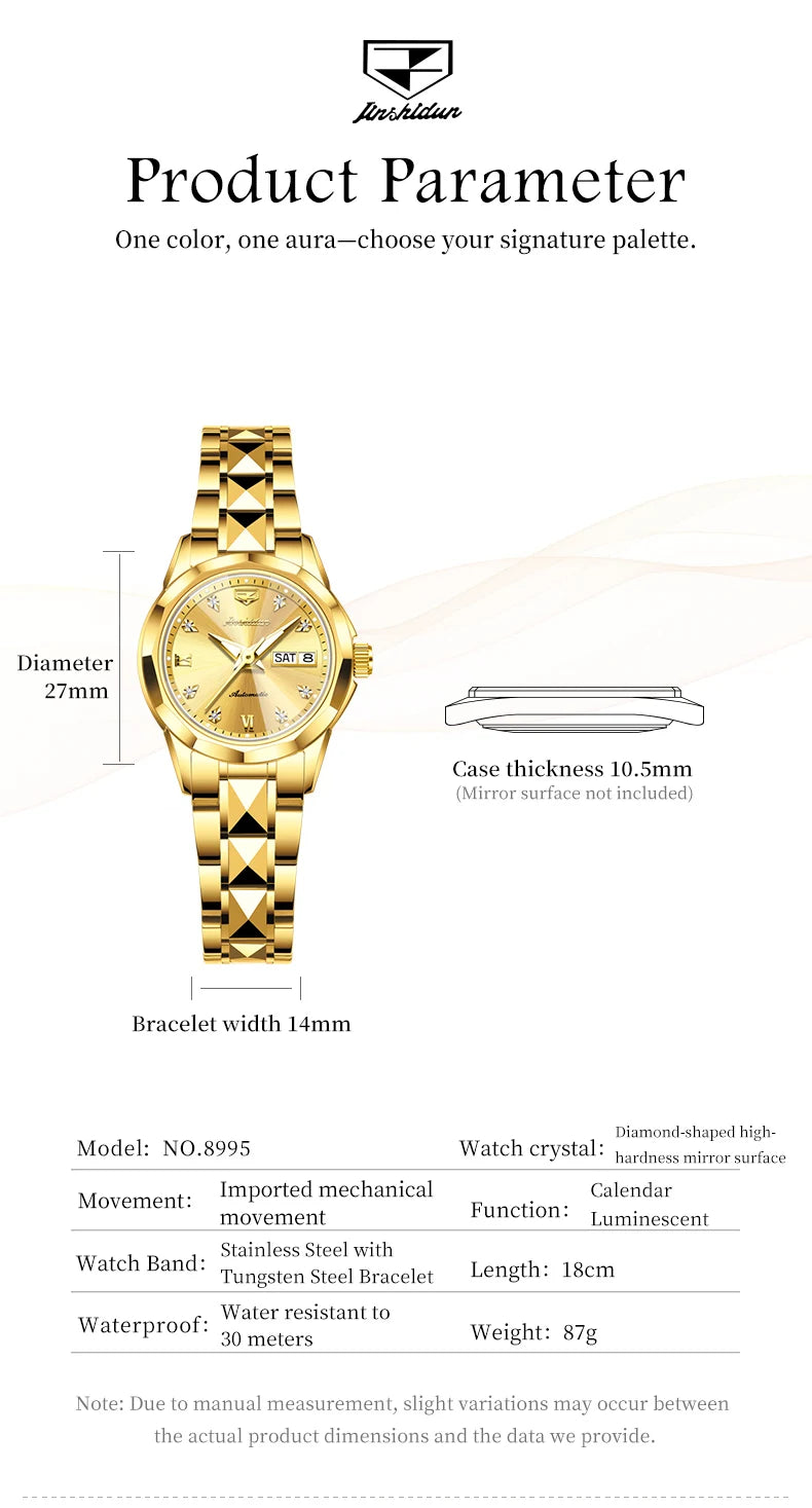 JSDUN 8995 Women Watch Mechanical Watch Waterproof Week Date Ladies Watch High Quality Luxury Original Tungsten Steel Clock
