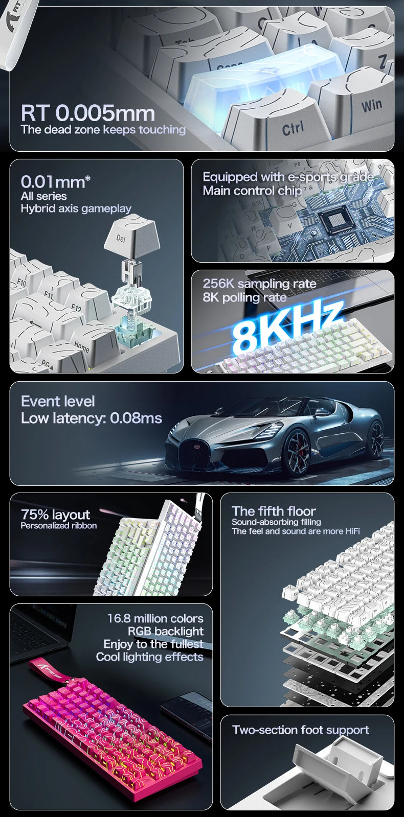 ATTACK SHARK R82 HE 75% Magnetic Keyboard 8000Hz Rapid Trigger 0.005mm RT 0.08ms Latency RGB Wired Gaming Keyboard
