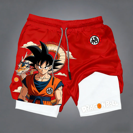 Dragon Ball dubbellaagse herenshort Son Goku zomer Japanse anime nep-tweedelige sport- en fitnessshort, sneldrogend