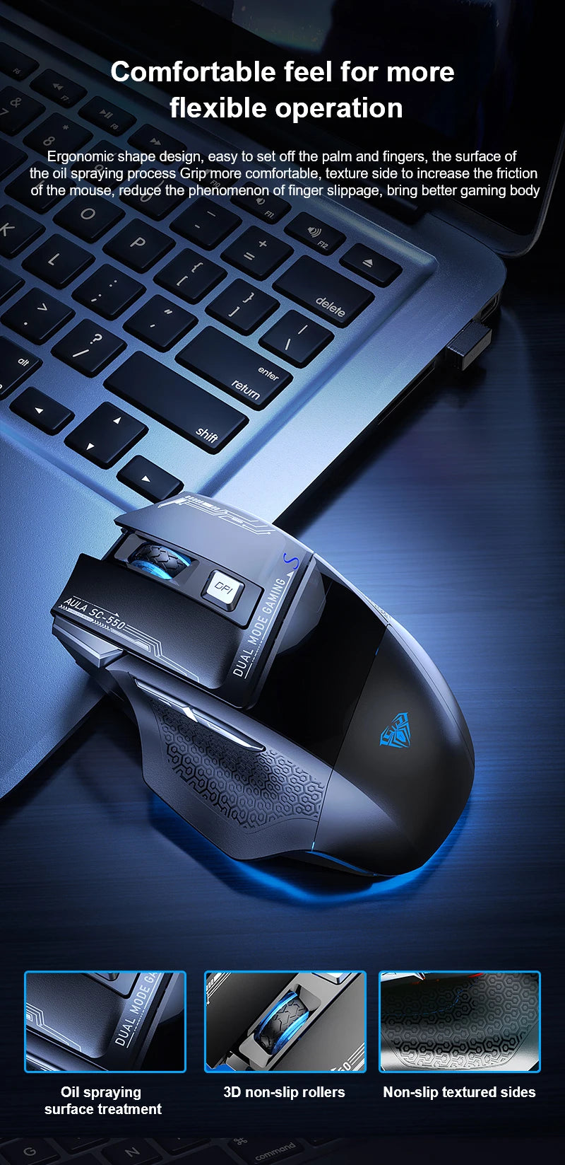 AULA SC550 žaidimų pelė, 2.4G belaidė makro pelė su RGB apšvietimu, ergonomiško dizaino e. sporto pelė, PC priedai