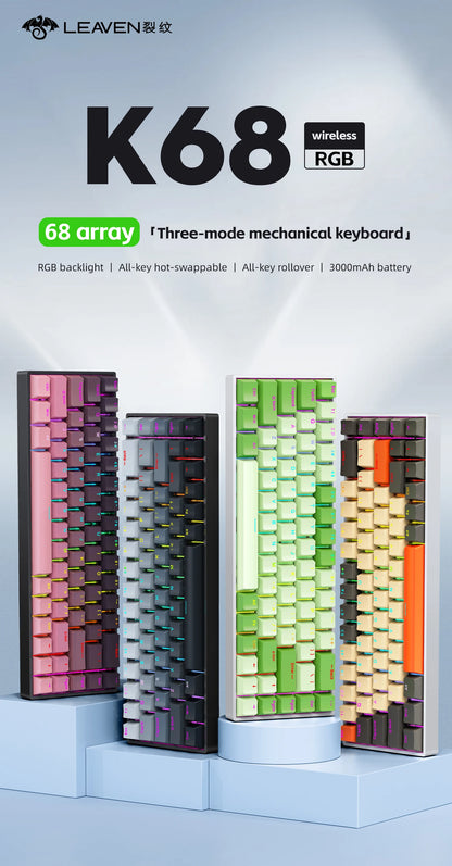 K68 68Key Wireless Mechanical Keyboard Tri-mode Connection, Full Key Hot Swap, RGB lighting Effects, L