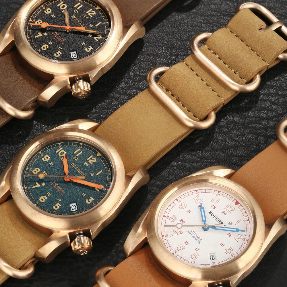 Relógio masculino Boderry Field Watches VOYAGER, caixa em bronze, mecânico automático, 100M impermeável, estilo militar, marca de topo