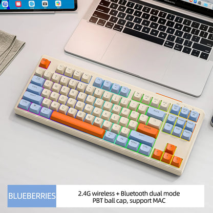 M87 Wireless Bluetooth Dual Mode Keyboard, Mechanical Feeling Gaming Gaming Office Mute PBT Ball Cap Rainbow Light