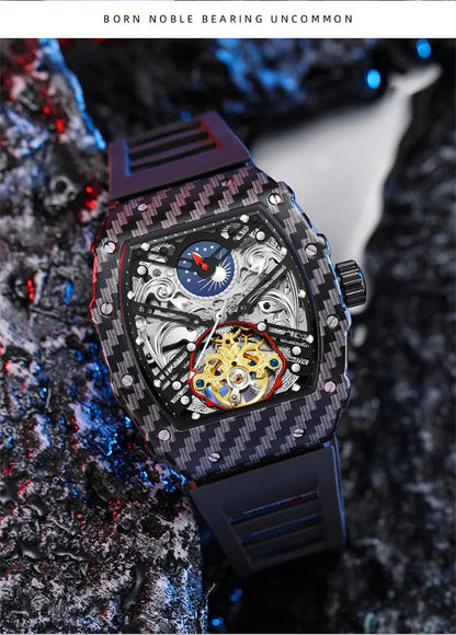 Mechanické hodinky s tourbillonem pro muže, silikonový řemínek, skeletové, tvaru tonneau, automatické, luxusní pánské hodinky Reloj Hombre