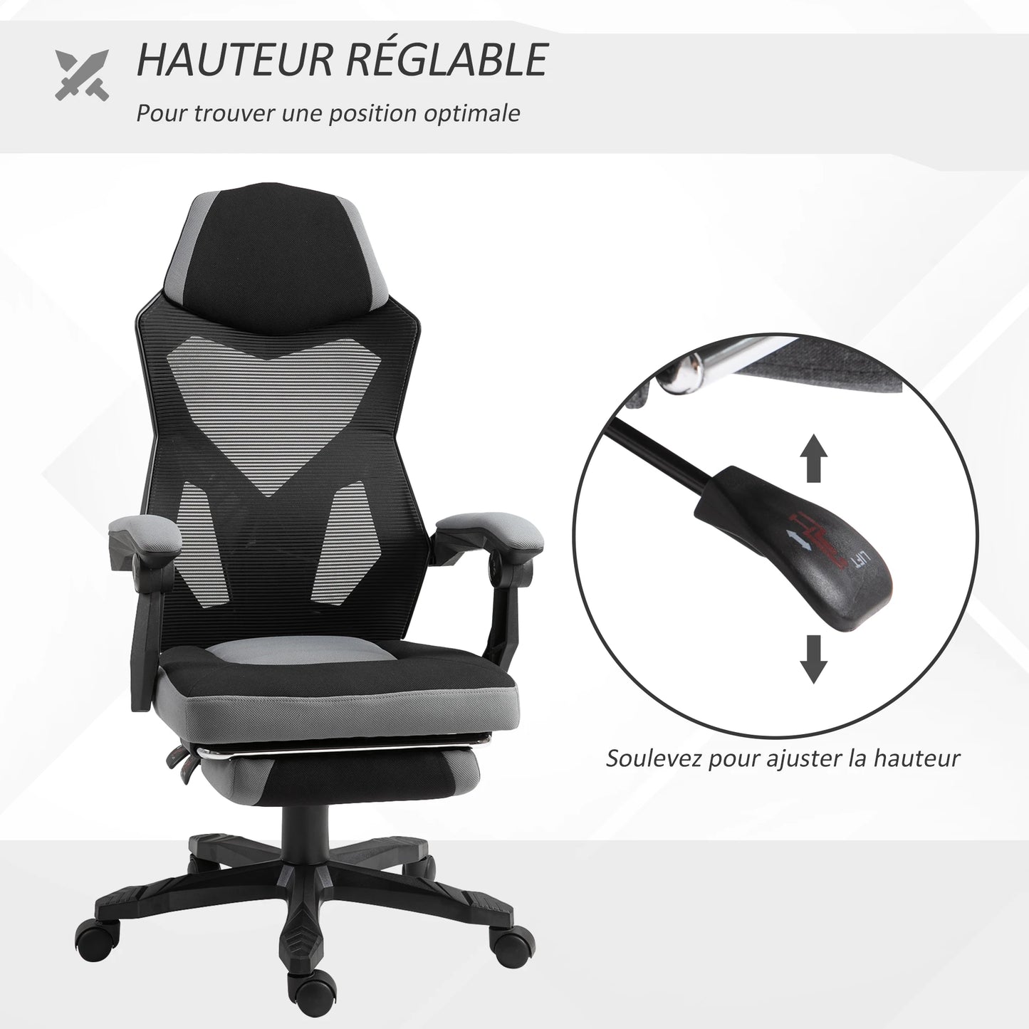 Office chair, gaming armchair, height adjustable, backrest, swivel, casters, footrest, mesh gaming chair, multi-purpose chair
