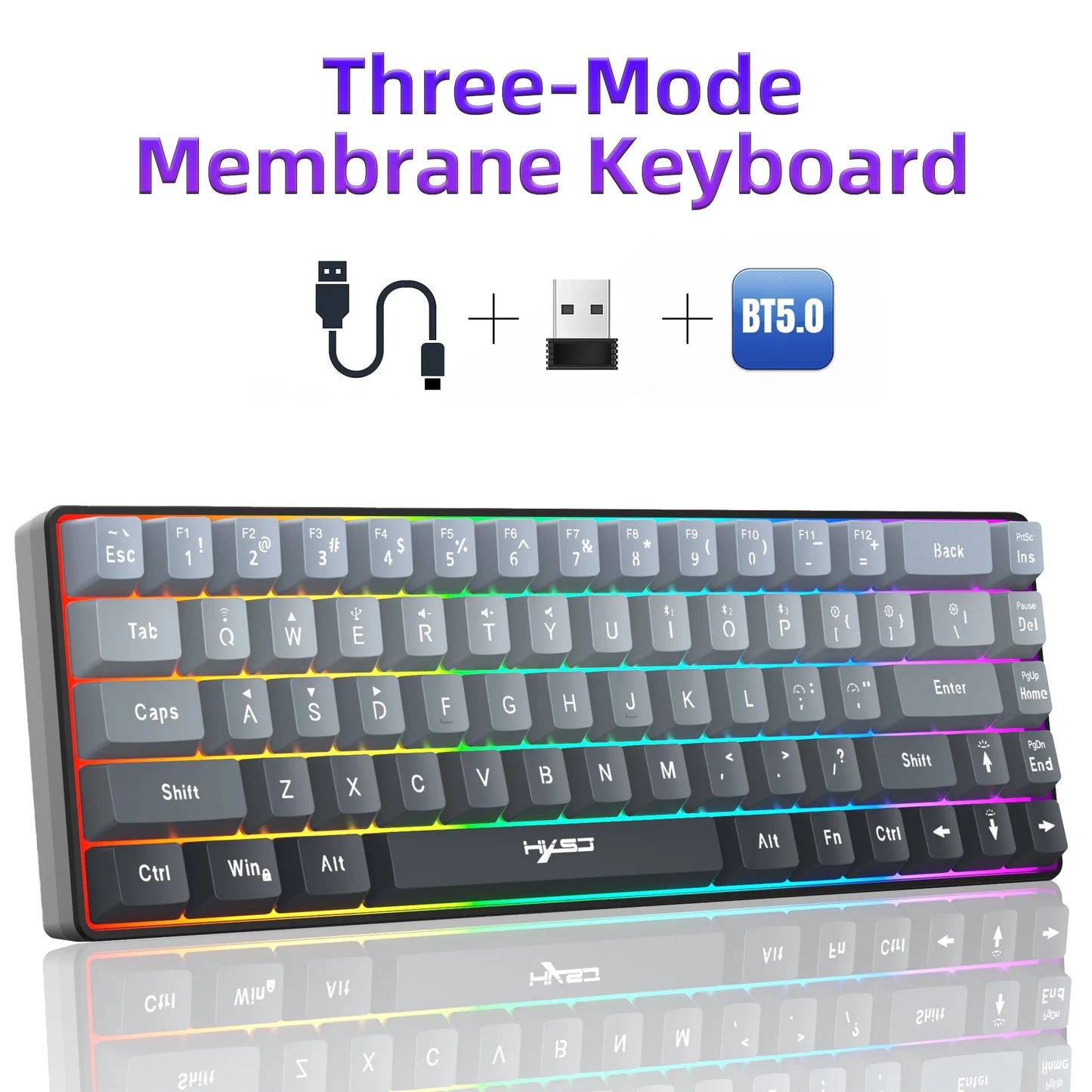 New 68% Three-Mode Wired/Wireless/Bluetooth Gaming Keyboard Gradual Change Gray RGB Backlight