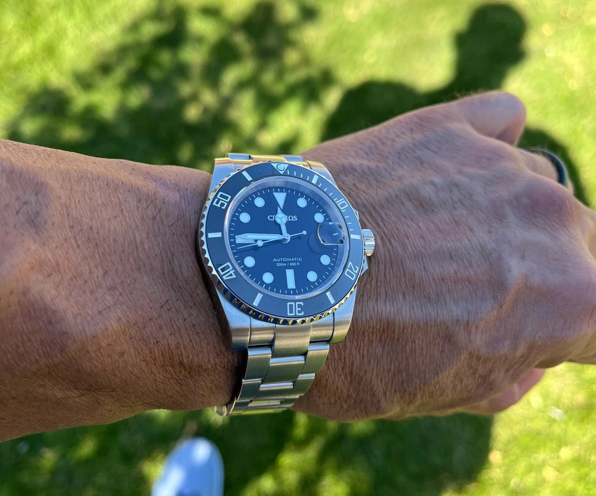 Cronos Sub Diver Men Watch No Date PT5000 Brushed Bracelet Ceramic Bezel 200 meters Water Resistant