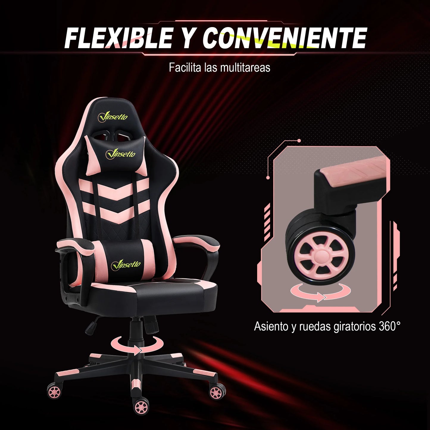 Vinsetto Swing Gaming Chair with Height Adjustable Pink Headrest