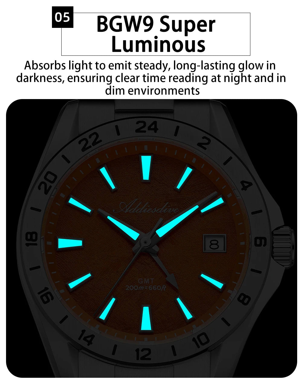 ADDIESDIVE GMT Men Quartz Watch Sapphire Crystal Swiss Ronda 515-24H Dual Time BGW9 Super Luminous 20Bar Waterproof Diver Watch