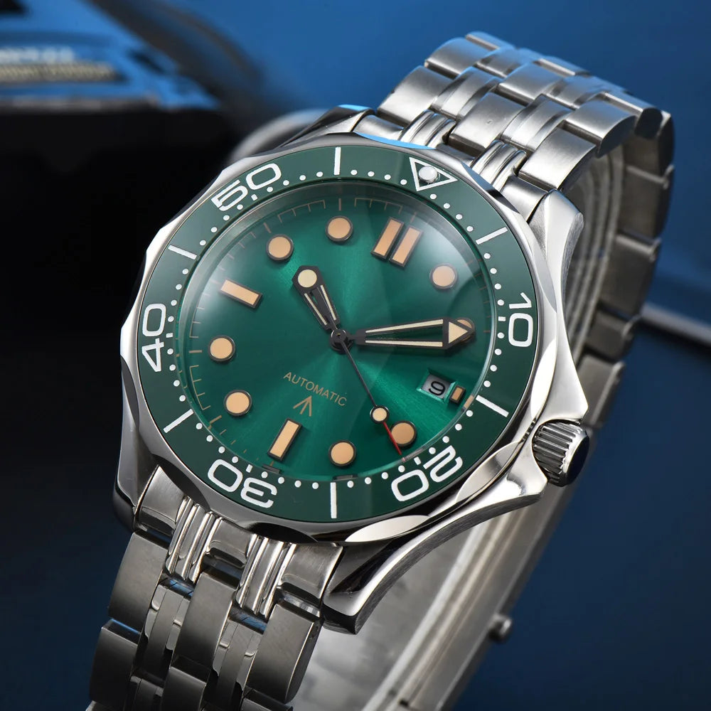 Parnsrpe Nouvelle montre de plongée automatique Miyota 8215 pour homme, sport de luxe, cadran vert, luminescent, verre saphir, date, étanche, bus