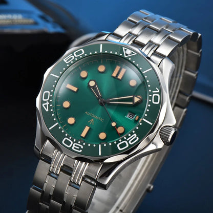Parnsrpe Nouvelle montre de plongée automatique Miyota 8215 pour homme, sport de luxe, cadran vert, luminescent, verre saphir, date, étanche, bus
