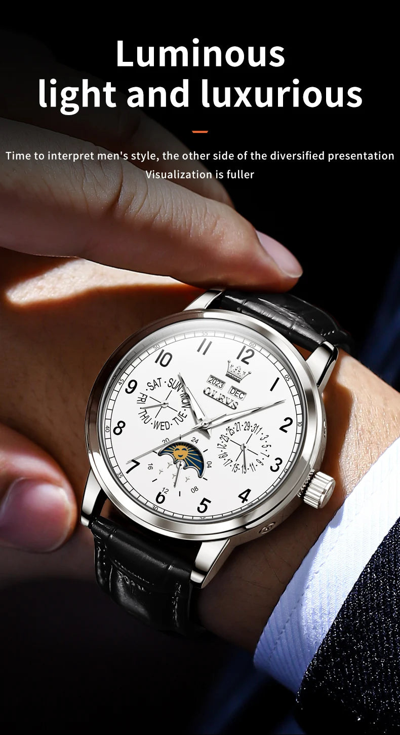 OLEVS 6698 Mens Watch Luxury Dress Brand Moon Phase Automatic Mechanical Watch For Men Leather  Waterproof Dual Calendar Watch