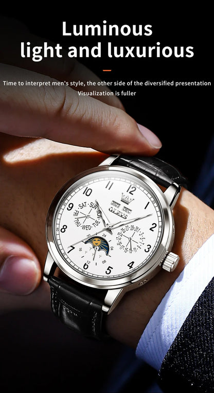 OLEVS 6698 Mens Watch Luxury Dress Brand Moon Phase Automatic Mechanical Watch For Men Leather  Waterproof Dual Calendar Watch