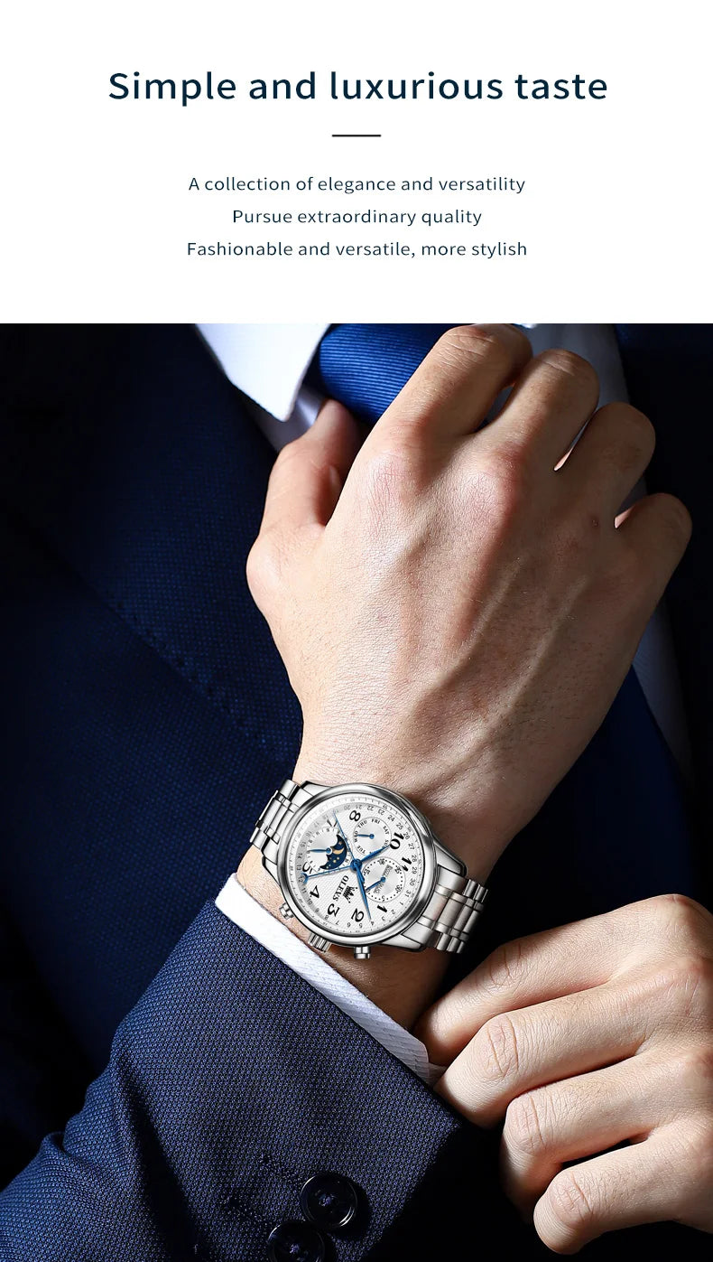 OLEVS 6667 Mens Watch Multifunctional Chronograph Mechanical Watch Leather Strap Moon Phase Watches For Man Luxury Original