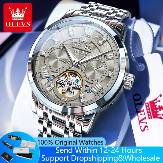OLEVS 6701 Men's Watch Luxury Waterproof Auto Date Mechanical Watch For Men Hollow Skeleton Diamond Wristwatch Luminous Clock
