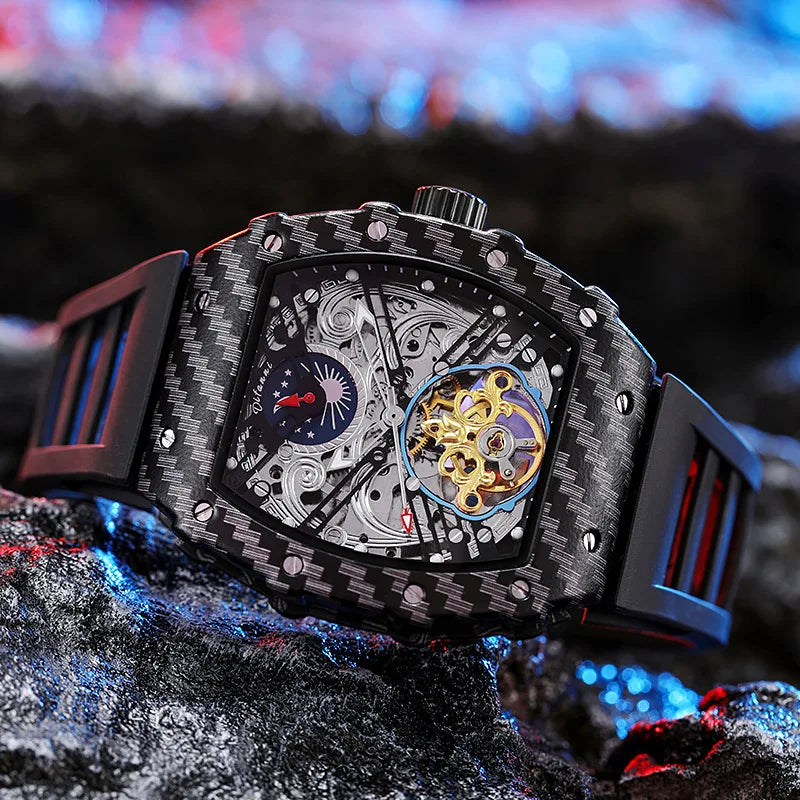 Mechanické hodinky s tourbillonem pro muže, silikonový řemínek, skeletové, tvaru tonneau, automatické, luxusní pánské hodinky Reloj Hombre