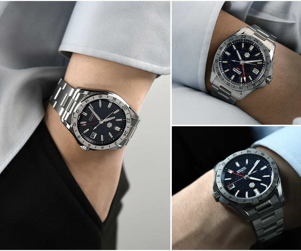 Relógio de Luxo para Homem San Martin 39mm com Mostrador em Pedra Aventurina, NH34 GMT Automático Mecânico, Safira, Impermeável e Luminescente SN0129