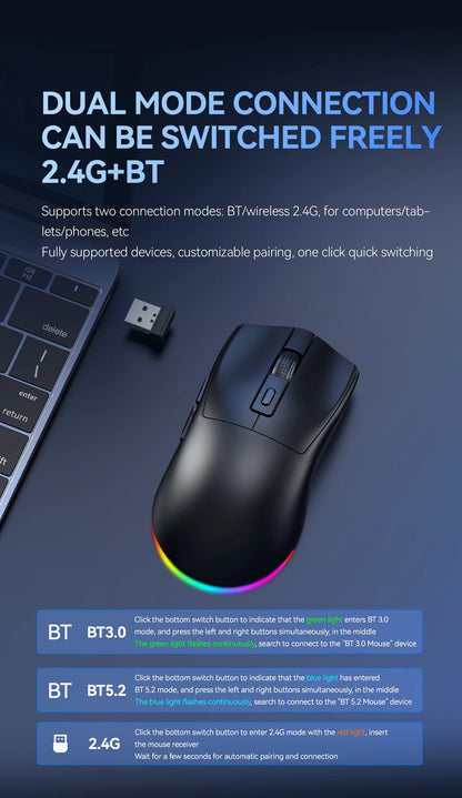 Dual-Mode Wireless Mouse | Magnetic Charging Dock | RGB Backlit | 3-Speed DPI (800-1200-1600) | 2.4G/BT | Suitable for daily use