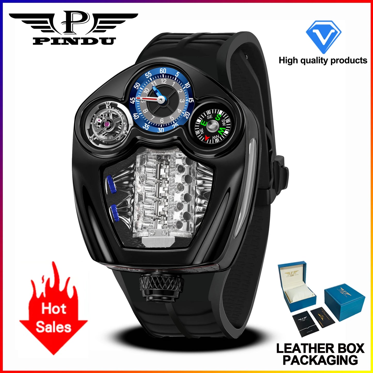 PINDU Design NEW Engine Series Quartz Watch Men's Top-Luxurious Stainless Steel Compass Waterproof Swiss Quartz 762 Movement Watch