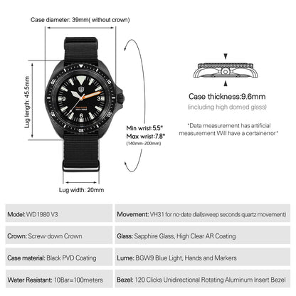 Watchdives WD1980 V3 Quartz Watch 100m Waterproof BGW9 Luminous Nylon Strap Watch Sapphire VH31 Movement Men Watch with Gift Box
