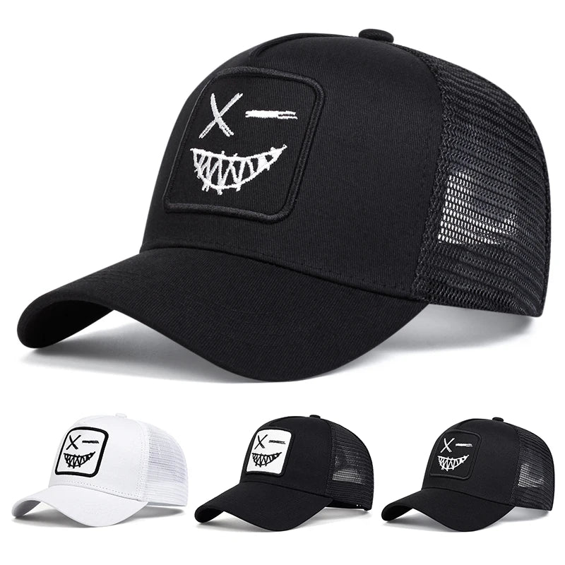 Unisex X Baseball-Netzkappen mit Stickerei eines lächelnden Gesichts und Zähnen – Sonnenhut für Frühling und Sommer, im Freien, mit Sonnenschutz, verstellbare Freizeit-Trucker-Kappen