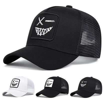 Unisex X Baseball-Netzkappen mit Stickerei eines lächelnden Gesichts und Zähnen – Sonnenhut für Frühling und Sommer, im Freien, mit Sonnenschutz, verstellbare Freizeit-Trucker-Kappen