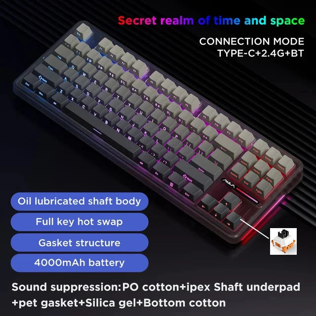 AULA F87Pro Mechanical Keyboard 2.4g/USB/Bluetooth Tri Mode Wireless 87 Key 5 Layer Silencing Filling Suitable For Gaming + Typing