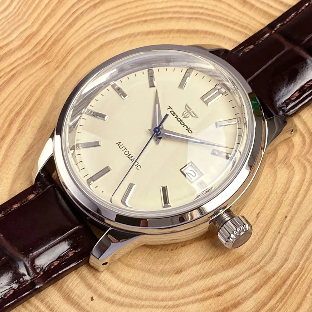 Tandorio 40mm Japanese NH35 Automatic 200M Diving Watch Men Beige Dial Bubble Sapphire Polished Case Glass Back Screw Crown