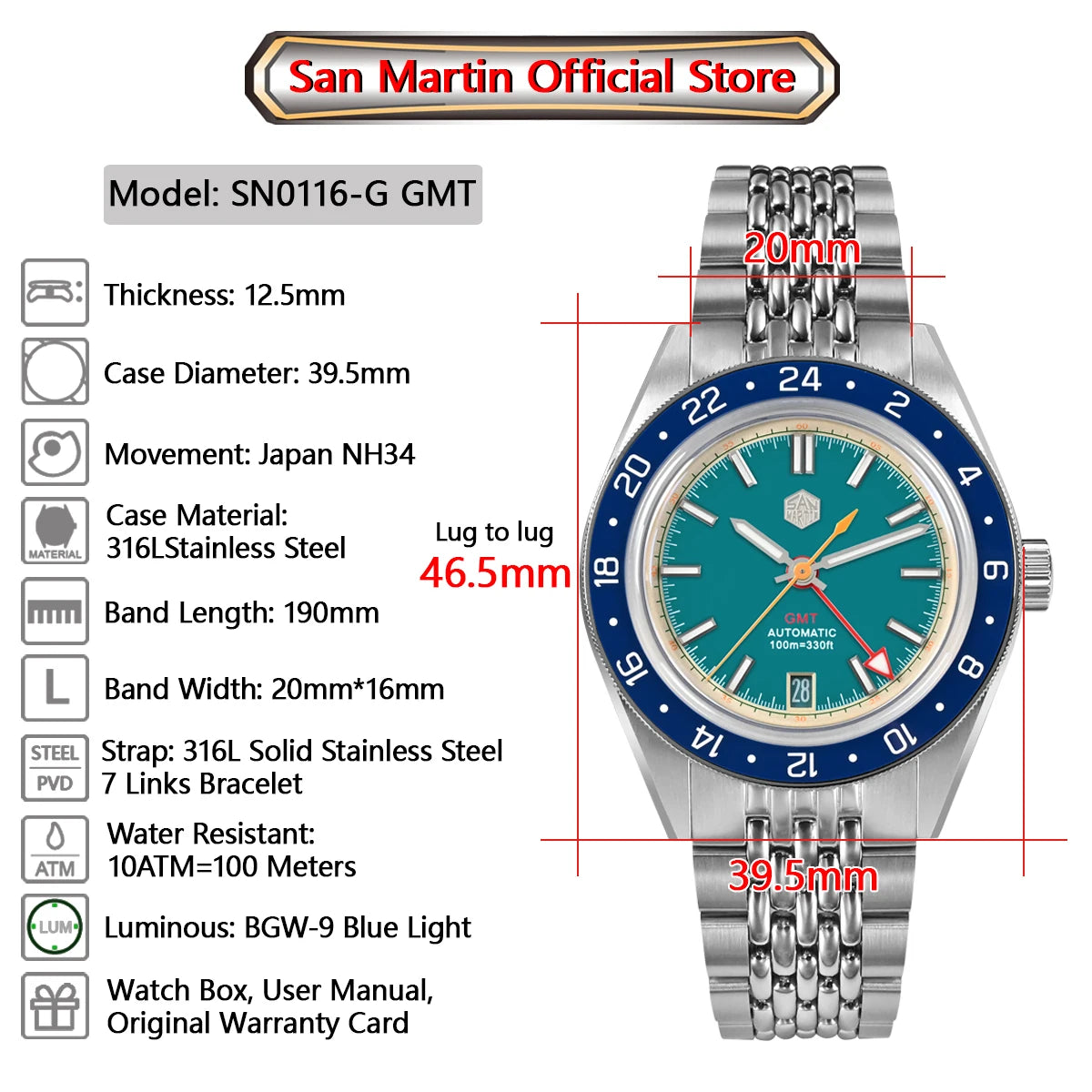 San Martin Original Design Fashion GMT 39.5mm Men Sports Watch Japan NH34 Automatic Mechanical Waterproof 100m SN0116 Reloj