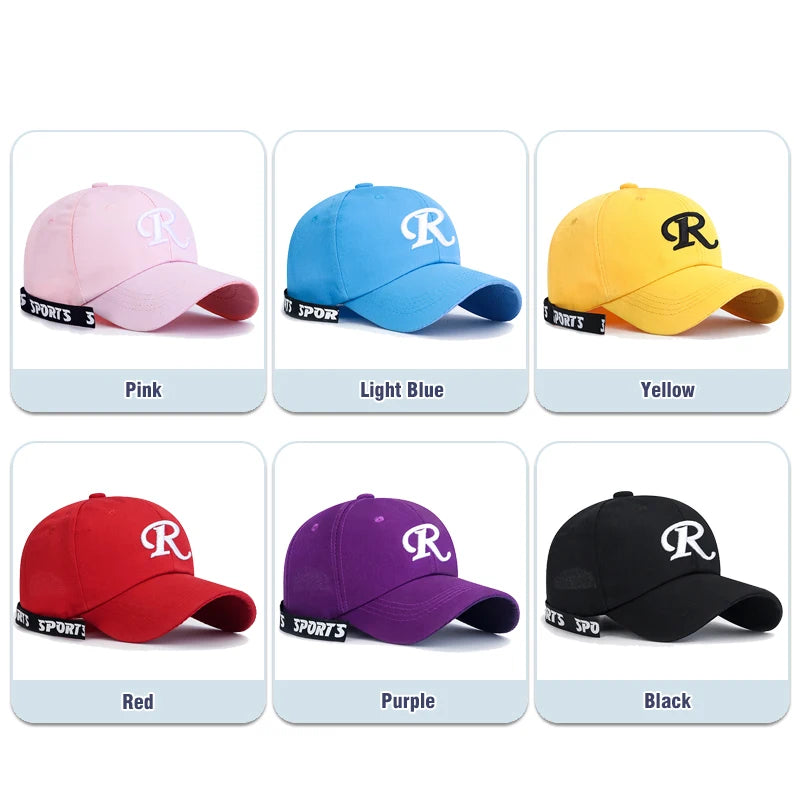 R-Buchstabe, Bandstickerei, Baumwolle, verstellbar, Baseballkappe mit festem Schirm, Sonnenhut, Trucker-Caps, Hip-Hop-Caps