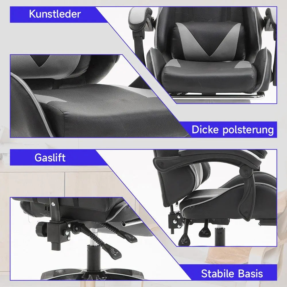 Ergonomic Gaming Chair, Office Chair, Height Adjustable, PU Leather Computer Chair, with Headrest and Lumbar Support, 360° Swivel