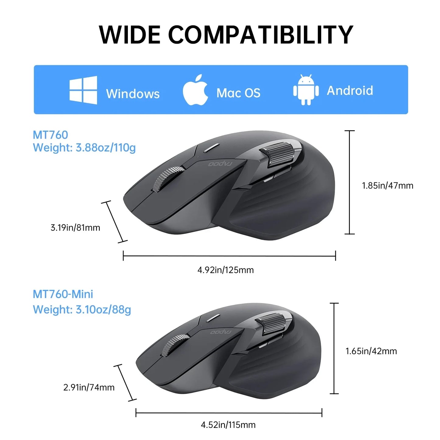 Bezprzewodowa, ergonomiczna mysz Rapoo MT760L/MT760M Multi-mode, akumulatorowa, 4000 DPI, obsługa do 4 urządzeń, Bluetooth