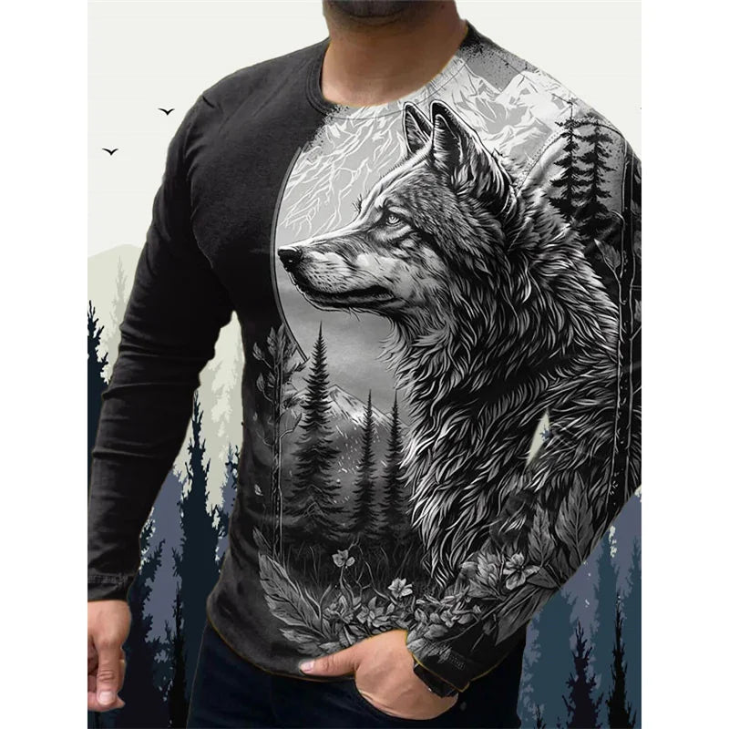 T-shirt pour homme « Wolf Eagle » imprimé en 3D, motif animalier vintage, printemps-automne, manches longues, col rond, coupe ample, style urbain