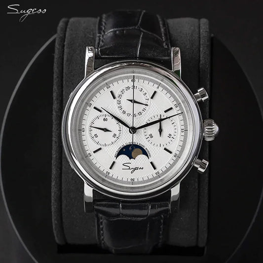 Original Movement ST1908 Sugess Men Mechanical Calendar Watch Chronograph Vintage Moonphase Wristwatches Waterproof